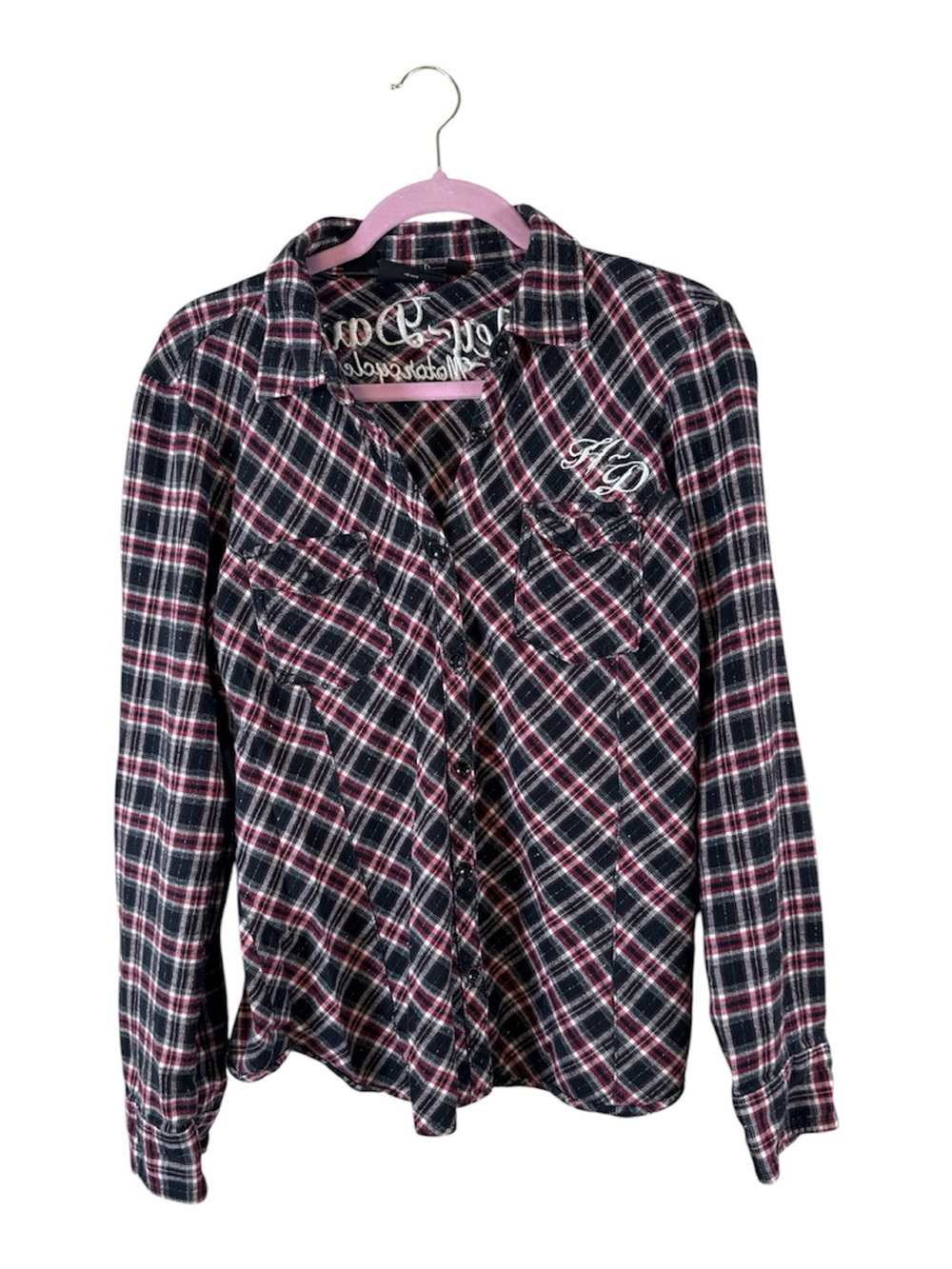 Harley Davidson Red Black Plaid Button Down Shirt Womens L Embroidered Flannel